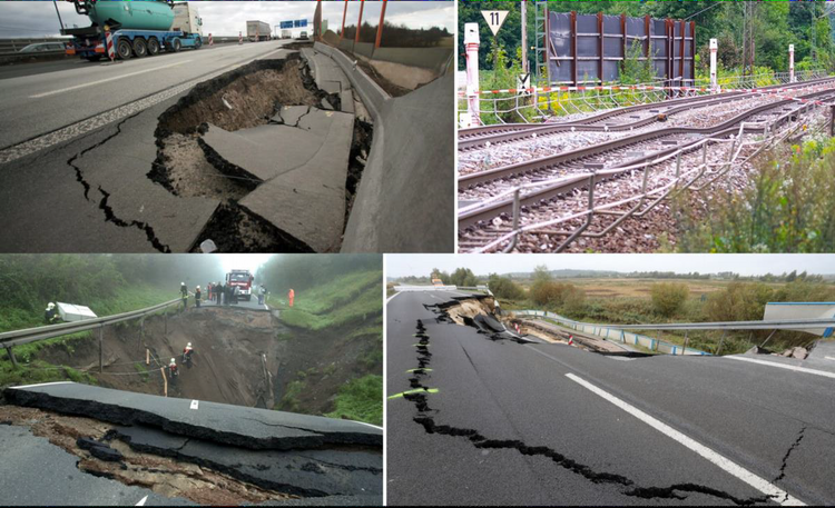 Examples of defective and destroyed transport infrastructure in Germany. Line by line from left to right: A3 at Wiesbaden junction 2010 (dpa, Fredrik von Erichsen), Rheintalbahn at Rastatt 2017 (Badische Neueste Nachrichten, Deck), B180 at Eisleben Beispiele für defekte und zerstörte Verkehrsinfrastruktur in Deutschland.